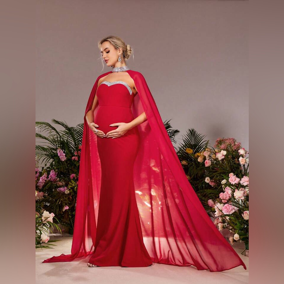 Elegant Red Gown With Cape